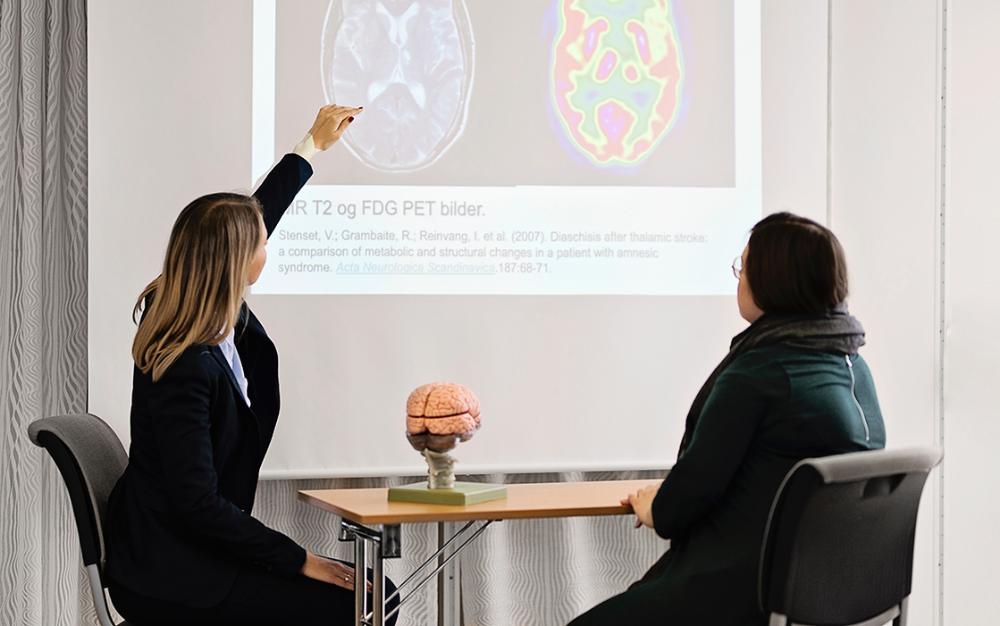To kvinner studerer tverrsnitt av en hjerne på ei tavle