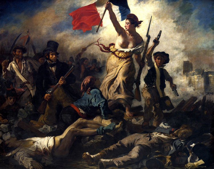 Frigjøring franske revolusjon. Kvinne med fransk flagg. Historisk maleri.