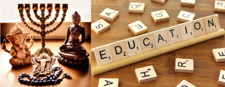 Religiøsestatuer og et ordpuslespill som viser ordet education. Foto.