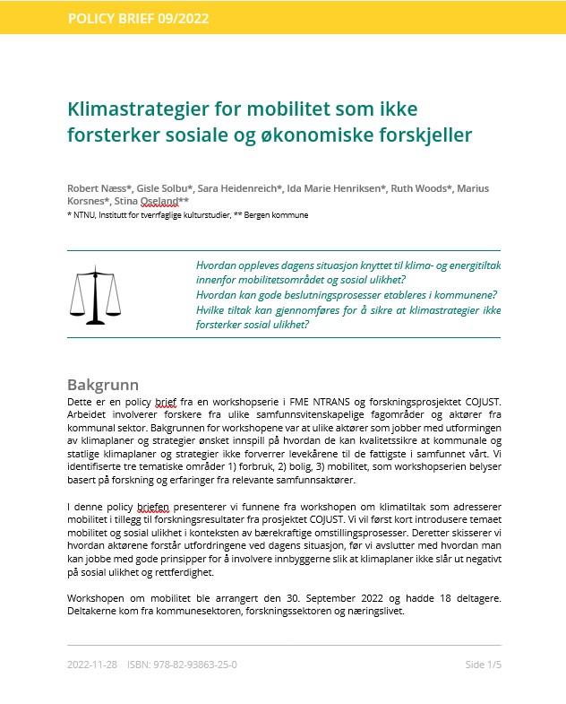 to Policy brief 9 from 2022: Klimastrategier for mobilitet som ikke forsterker sosiale og økonomiske forskjeller