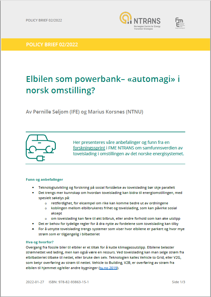 Policy brief 2 from 2022: Elbilen som powerbank– «automagi» i norsk omstilling?