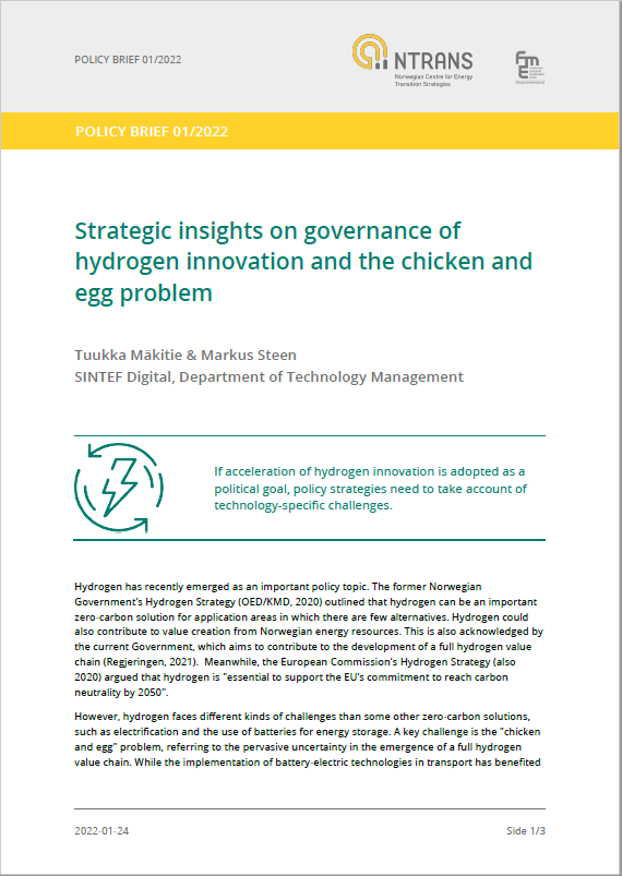Policy brief 1 from 2022: Strategic insights on governance of hydrogen innovation and the chicken and egg problem