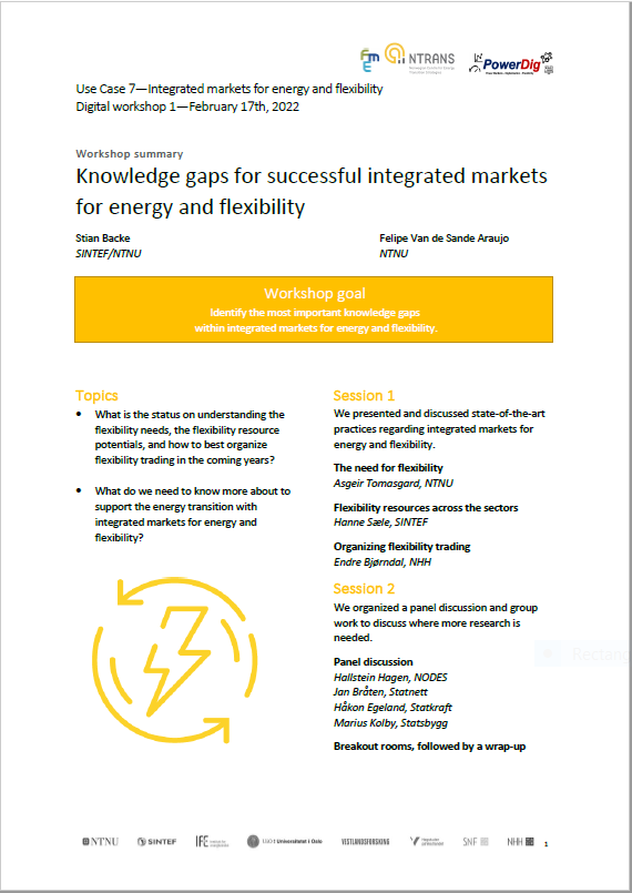 Til sammendrag fra workshop: Knowledge gaps for succeful integrated marketd for energy and flexibility