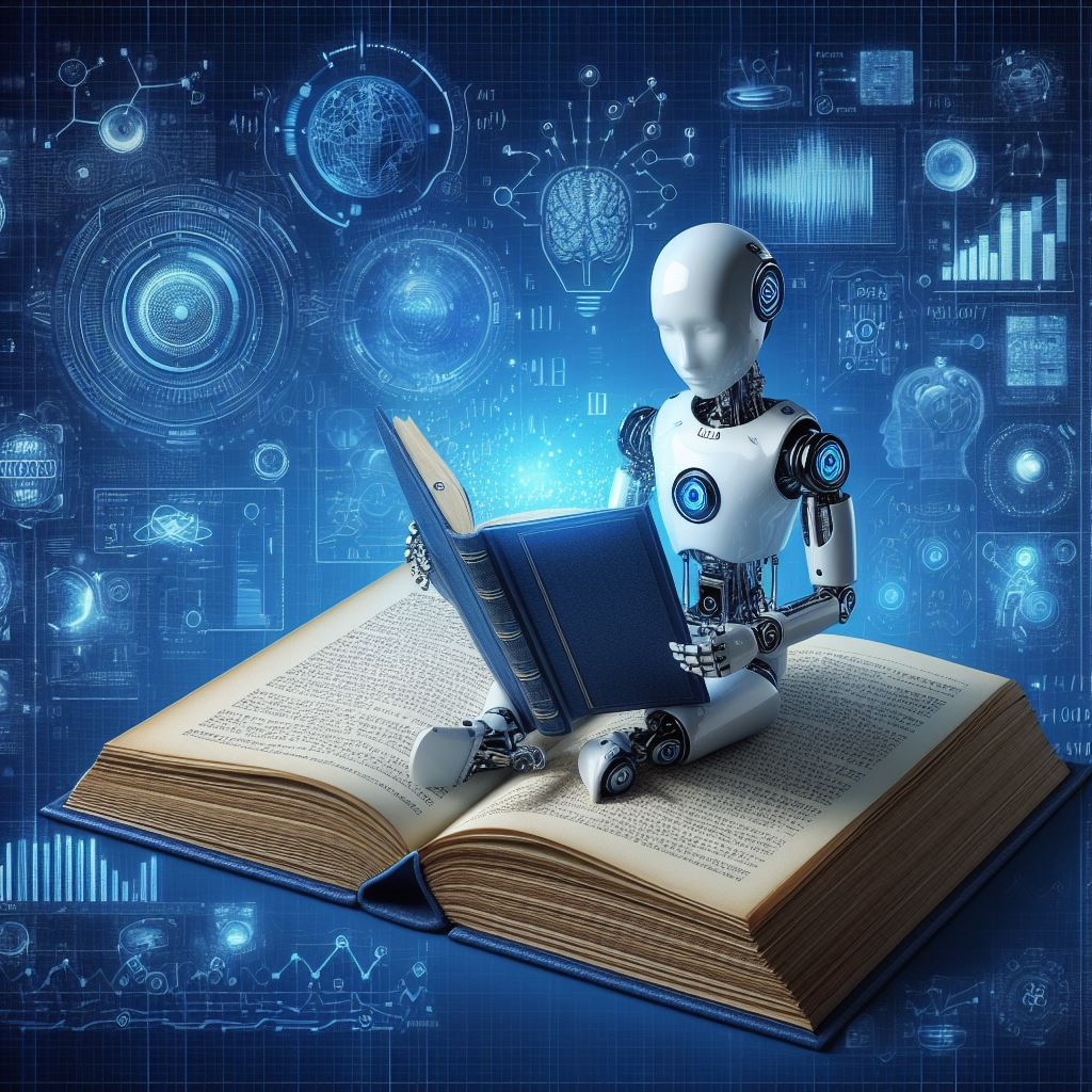 Robot sitter på en stor bok og leser i en liten bok. Illustrasjon i blå nyanser.