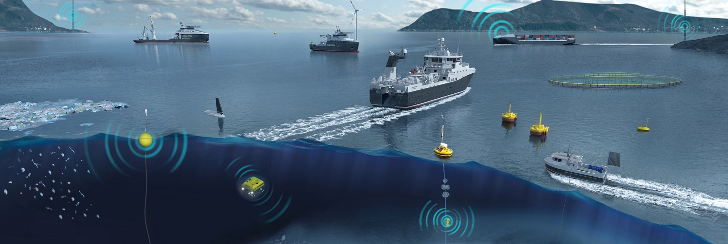 Fartøy, forskningsinstallasjoner og andre sensorer som er knyttet sammen for testing i fjorden