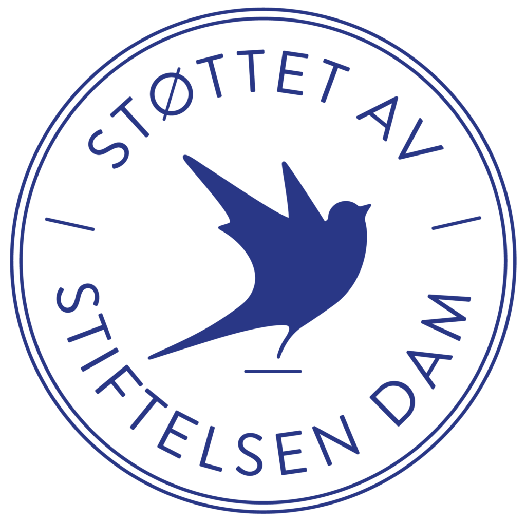Dam-logo med tekst: Støttet av Stiftelsen Dam