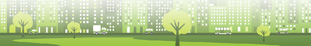 Illustrasjon med blokker, en bil og et tre i grønnyanser