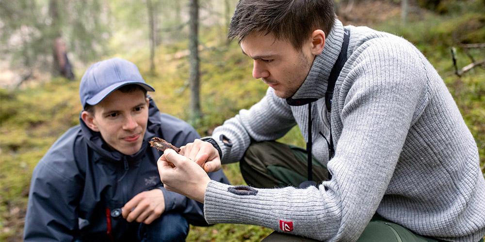 To studenter studerer mose ute i skogen. Foto.