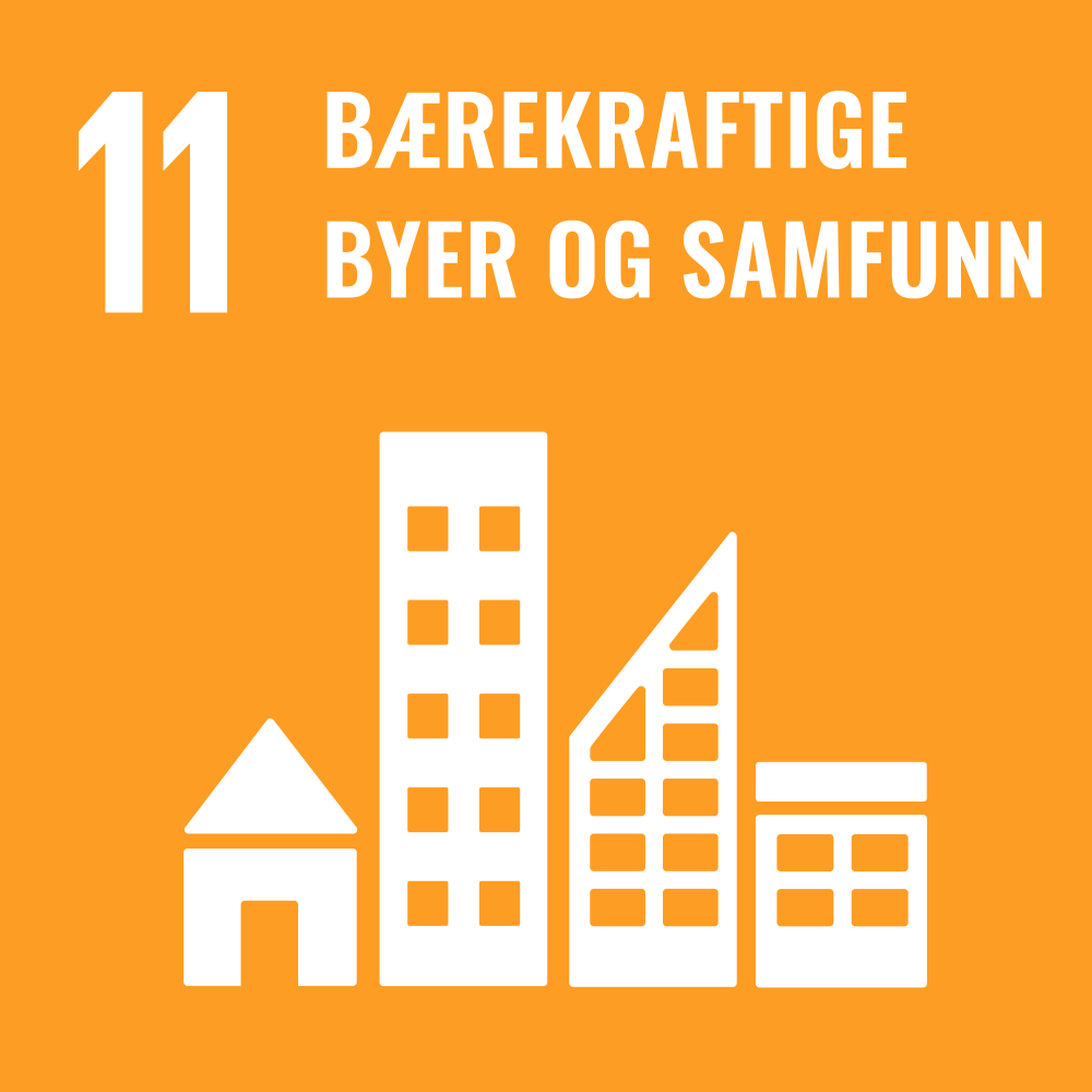 Ikon - FNs bærekraftmål - bærekraftige byer og lokalsamfunn. Lenke til bærekraftsmål nummer 11