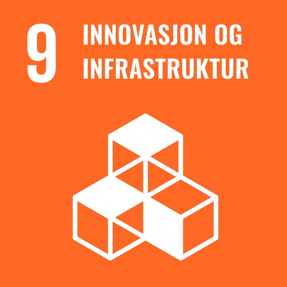 Ikon - FNs bærekraftmål - industri, innovasjon og infrastruktur. Lenke til bærekraftsmål nummer 9