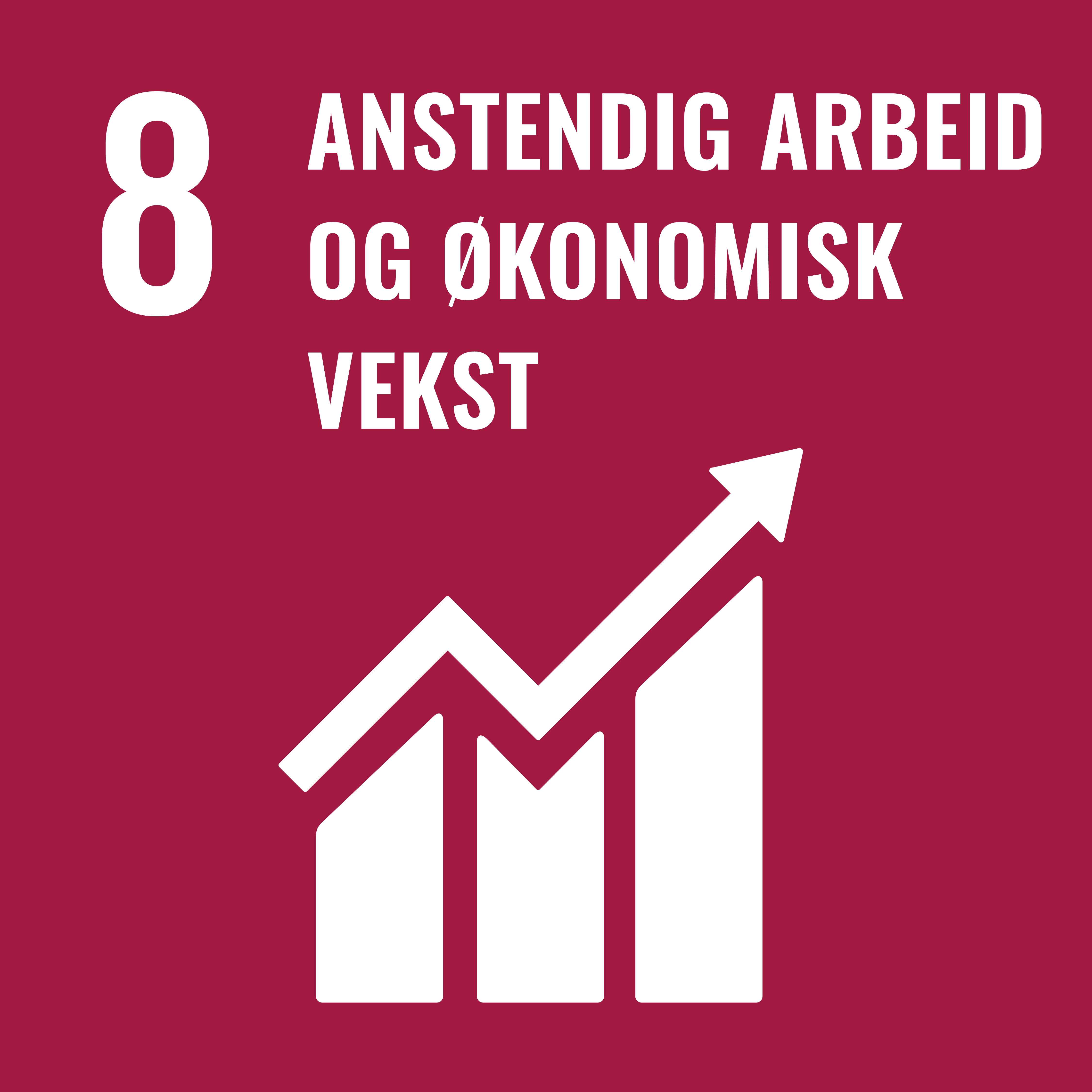 FNs bærekraftsmål nummer 8 Anstendig arbeid og økonomisk vekst. Lenke til FNs bærekraftsmål nummer 8.
