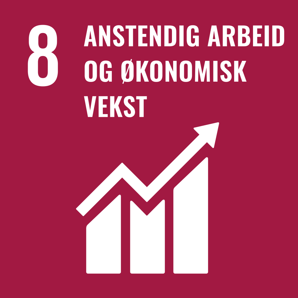 Ikon - FNs bærekraftmål - Anstendig arbeid og økonomisk vekst. Lenke til bærekraftsmål nummer 8