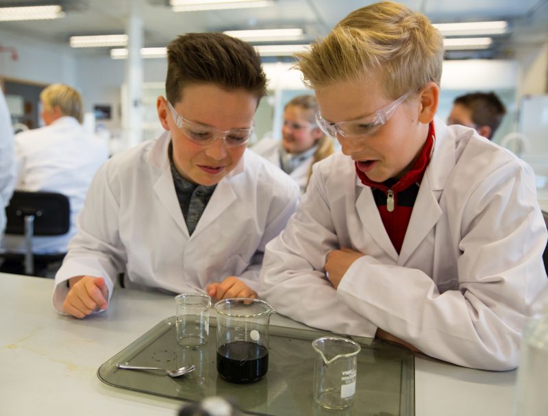 To elever gjør et kjemieksperiment. Foto.