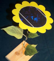 Modell av en solsikke med solcelle i midten. Foto.