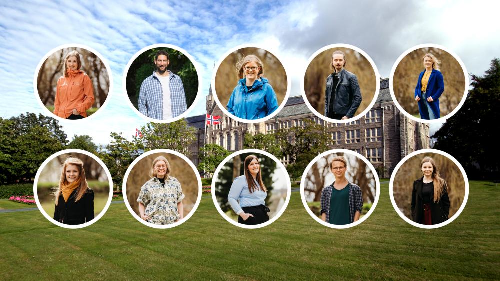 NTNUs deltakere i Forsker Grand Prix 2020. Bildecollage med Hovedbygningen i bakgrunnen