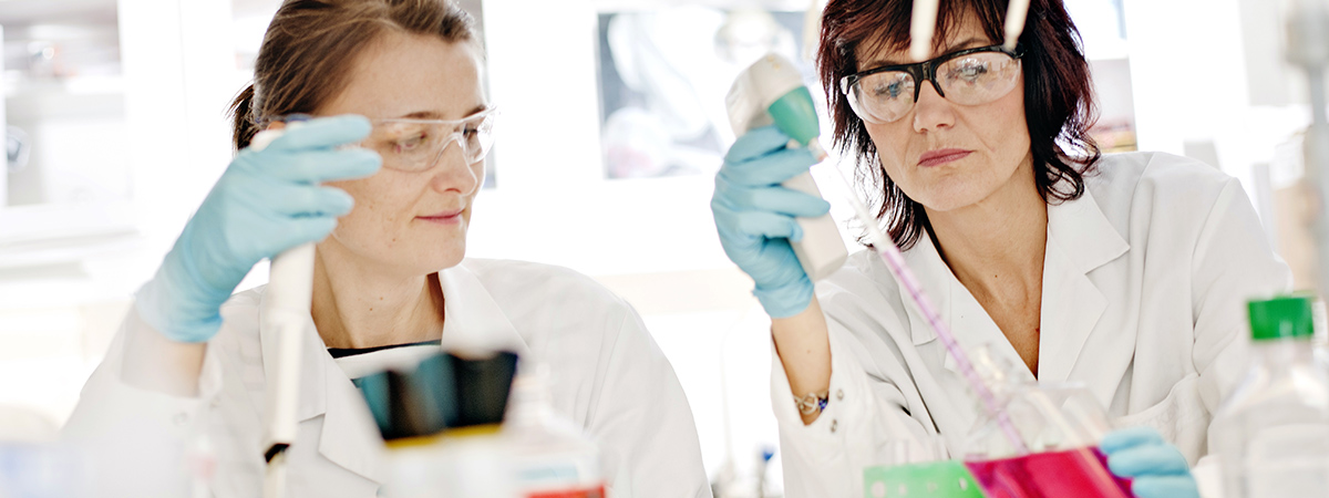 To forskere i laboratorum arbeider med flytende innhold i kolber.