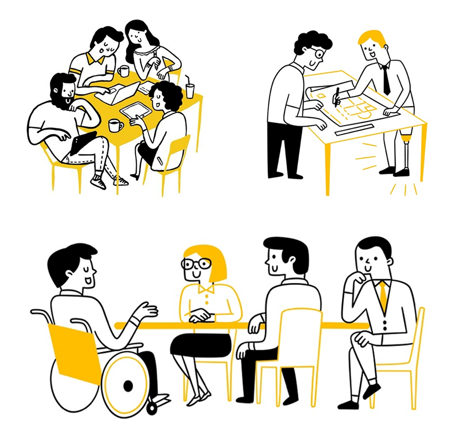 Tre illustrasjoner med flere personer som snakker eller arbeider
