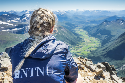 Jente med NTNU-jakke (bakfra) som sitter på fjellet. Utsikt i bakgrunn. Foto.